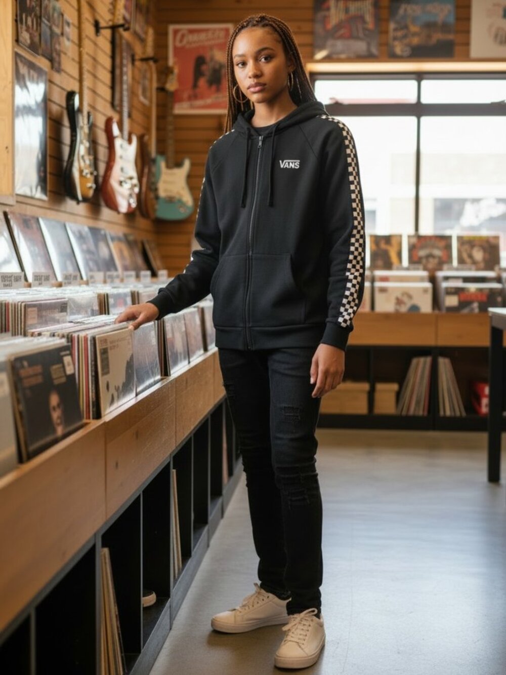 Vans Full Zip Hoodie Womens L Black Pre-loved Excellent Checkerboard Taping